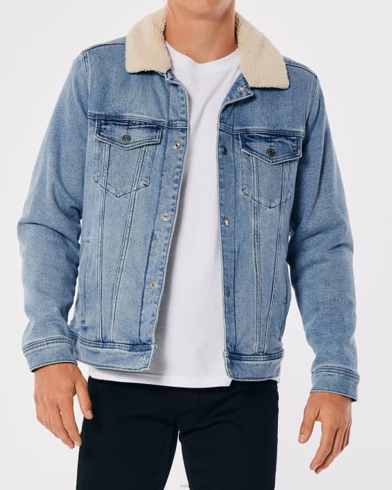 Hollister Mænd sherpa-foret denim trucker jakke 2H8Z909 toppe let vask