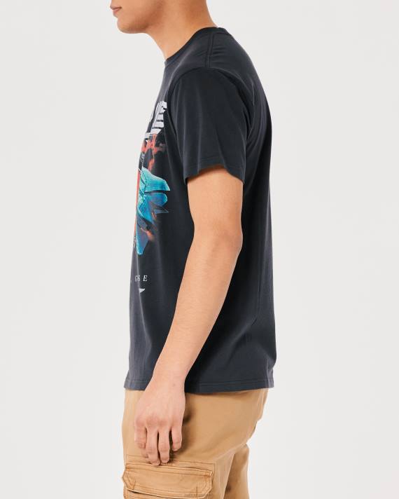 Hollister Mænd afslappet maskingevær kelly grafisk t-shirt 2H8Z1044 toppe falmet sort maskingevær kelly