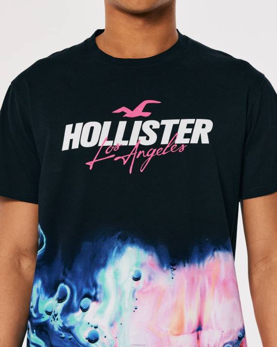 Hollister Mænd buet søm vask effekt logo grafisk t-shirt 2H8Z828 toppe sort med pink print