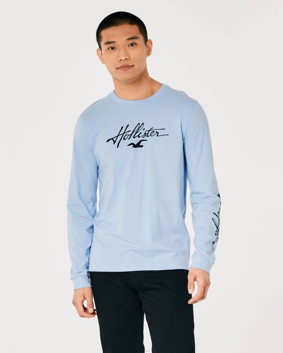 Hollister Mænd langærmet logo grafisk t-shirt 2H8Z826 toppe lyseblå