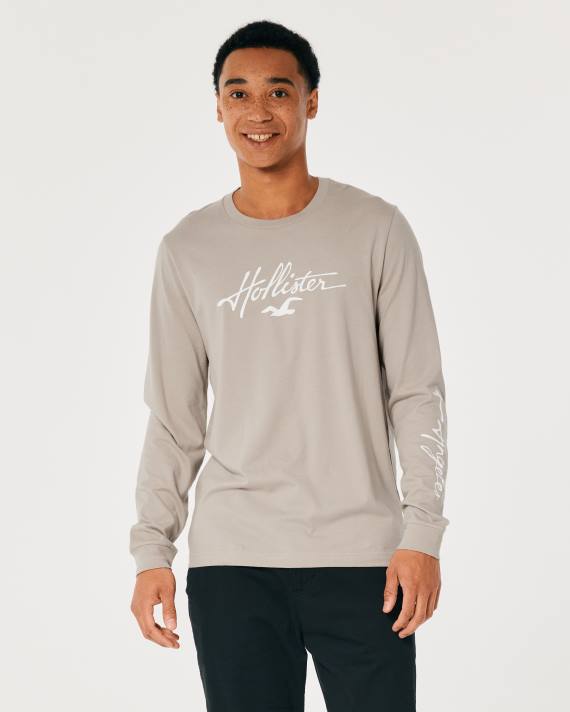 Hollister Mænd langærmet logo grafisk t-shirt 2H8Z848 toppe lysebrun