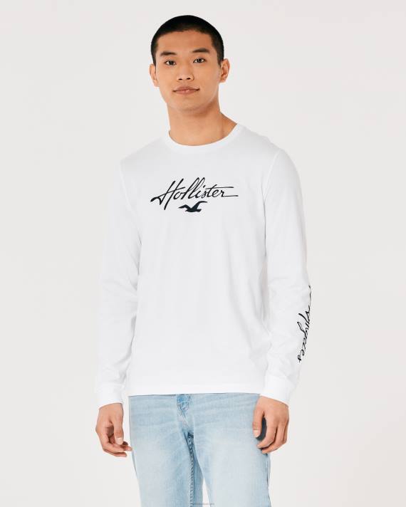 Hollister Mænd langærmet logo grafisk t-shirt 2H8Z915 toppe hvid
