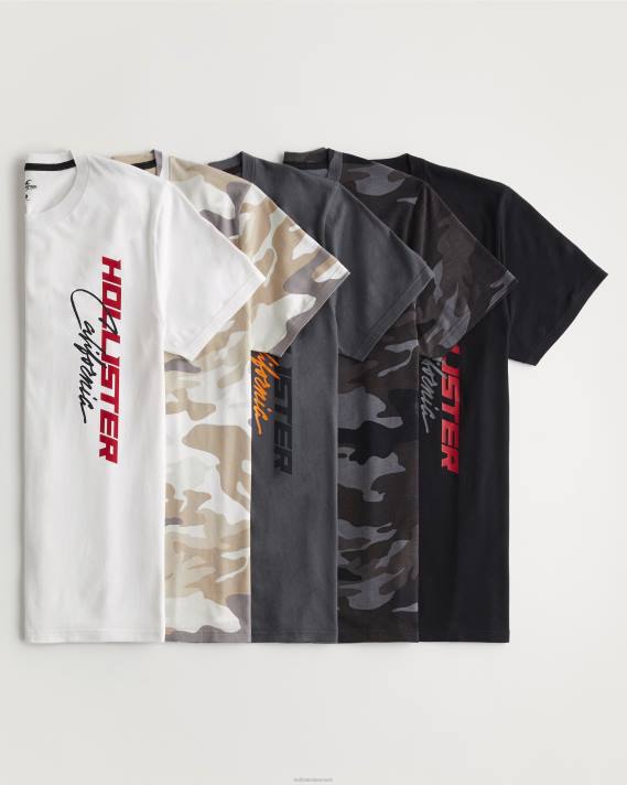 Hollister Mænd print logo grafisk t-shirt 5-pak 2H8Z1093 toppe hvid-beige camo-grå-sort