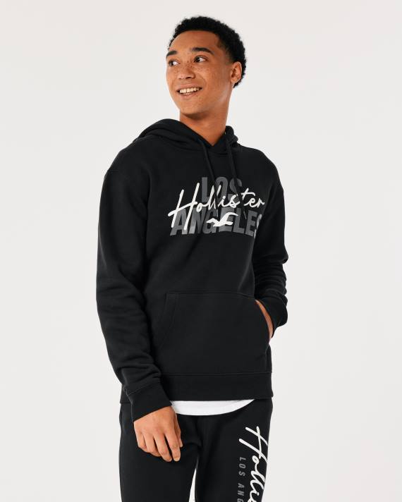 Hollister Mænd logo grafisk hættetrøje 2H8Z1019 toppe sort