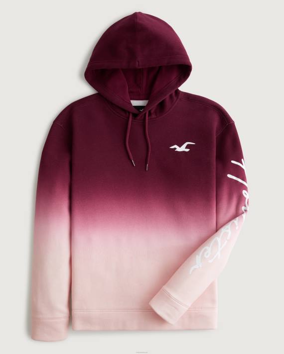 Hollister Mænd ombre logo grafisk hættetrøje 2H8Z1043 toppe bordeaux til pink ombre