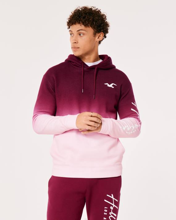 Hollister Mænd ombre logo grafisk hættetrøje 2H8Z1043 toppe bordeaux til pink ombre