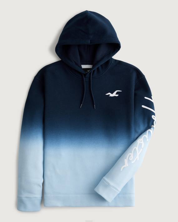 Hollister Mænd ombre logo grafisk hættetrøje 2H8Z919 toppe marineblå til lyseblå ombre