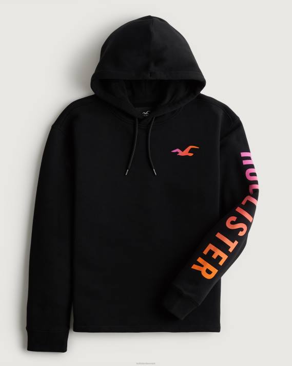 Hollister Mænd logo grafisk hættetrøje 2H8Z829 toppe sort med ærmegrafik