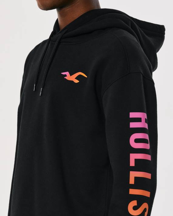 Hollister Mænd logo grafisk hættetrøje 2H8Z829 toppe sort med ærmegrafik