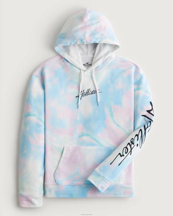 Hollister Mænd vaskeeffekt logo grafisk hættetrøje 2H8Z835 toppe blå tie-dye