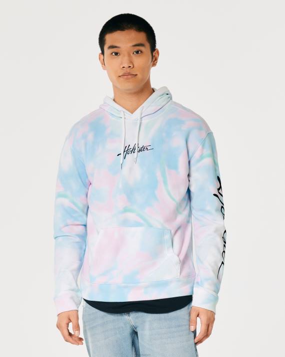 Hollister Mænd vaskeeffekt logo grafisk hættetrøje 2H8Z835 toppe blå tie-dye