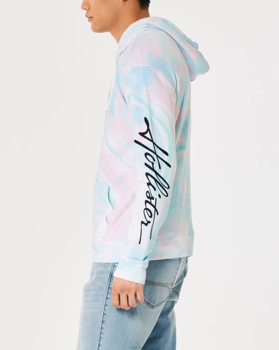 Hollister Mænd vaskeeffekt logo grafisk hættetrøje 2H8Z835 toppe blå tie-dye
