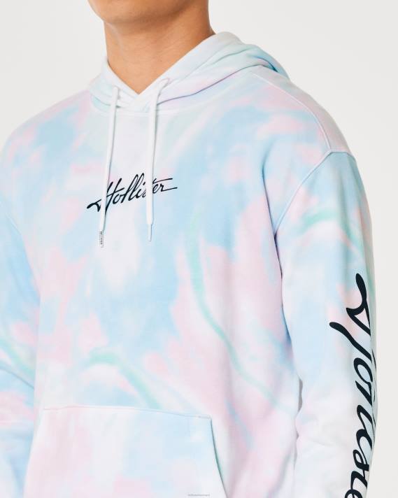 Hollister Mænd vaskeeffekt logo grafisk hættetrøje 2H8Z835 toppe blå tie-dye