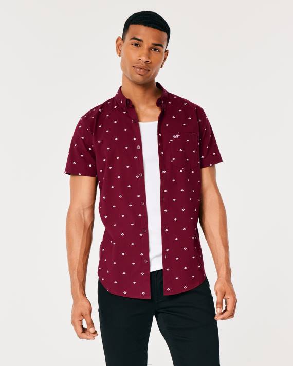 Hollister Mænd kortærmet skjorte med geomønster med knapper 2H8Z979 toppe bordeaux mønster