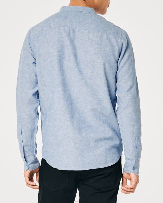 Hollister Mænd skjorte i hørblanding med båndkrave 2H8Z881 toppe lyng blå