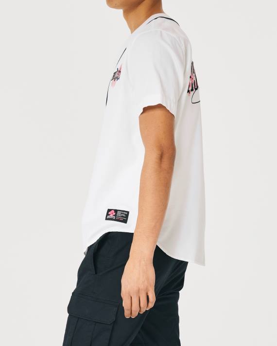 Hollister Mænd afslappet cherry blossom logo grafisk baseball skjorte 2H8Z1080 toppe hvid