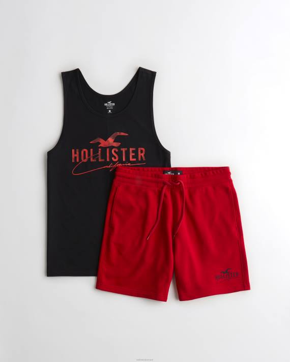 Hollister Mænd jersey tank & shorts sæt 2H8Z1071 toppe sort-rød