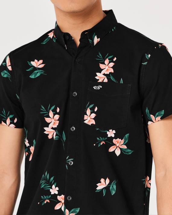 Hollister Mænd kortærmet blomstret skjorte med knapper 2H8Z1001 toppe sort blomstret