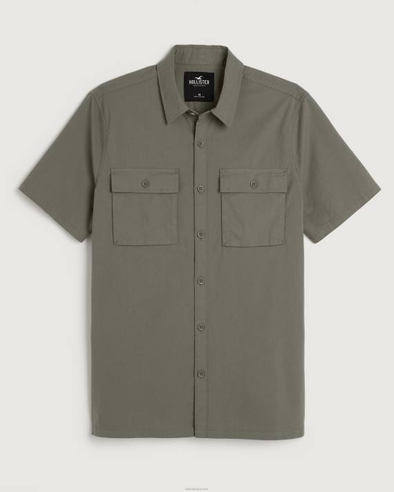 Hollister Mænd kortærmet poplin utility skjorte 2H8Z1050 toppe oliven
