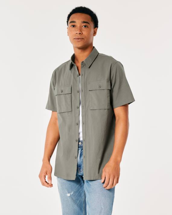 Hollister Mænd kortærmet poplin utility skjorte 2H8Z1050 toppe oliven