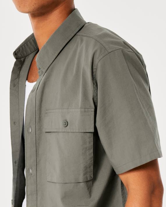 Hollister Mænd kortærmet poplin utility skjorte 2H8Z1050 toppe oliven
