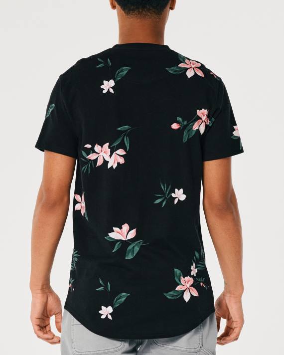 Hollister Mænd longline buet søm t-shirt med blomstermønster 2H8Z813 toppe sort blomstret